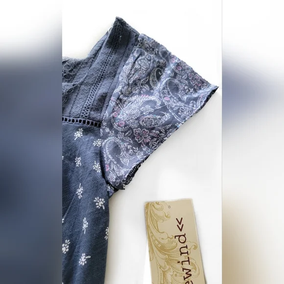 Rewind XS Blue Square Neck Flutter Sleeve Top Boho Paisley Blouse - Picture 7 of 9